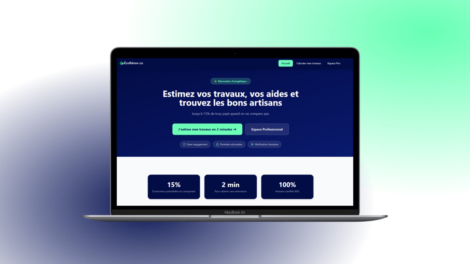 Le site Écorénov.co affiché sur un ordinateur portable