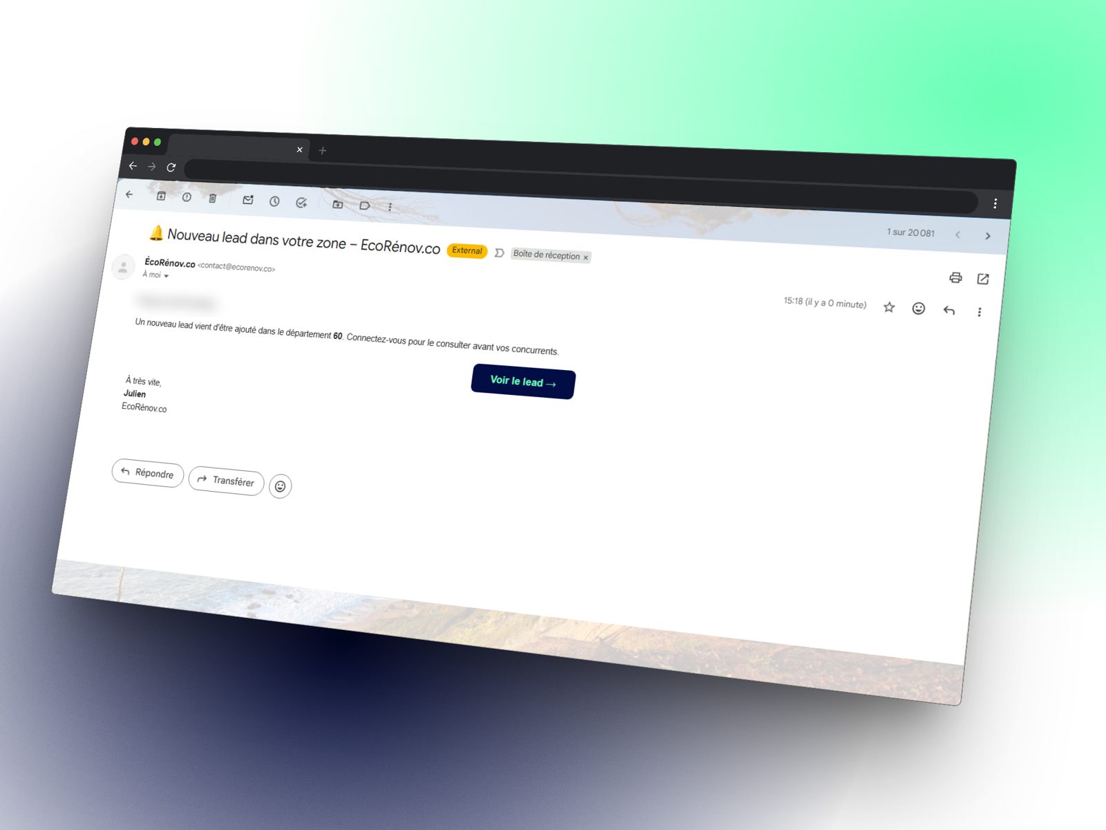 Email d'alerte d'un nouveau projet dans la zone de l'artisan