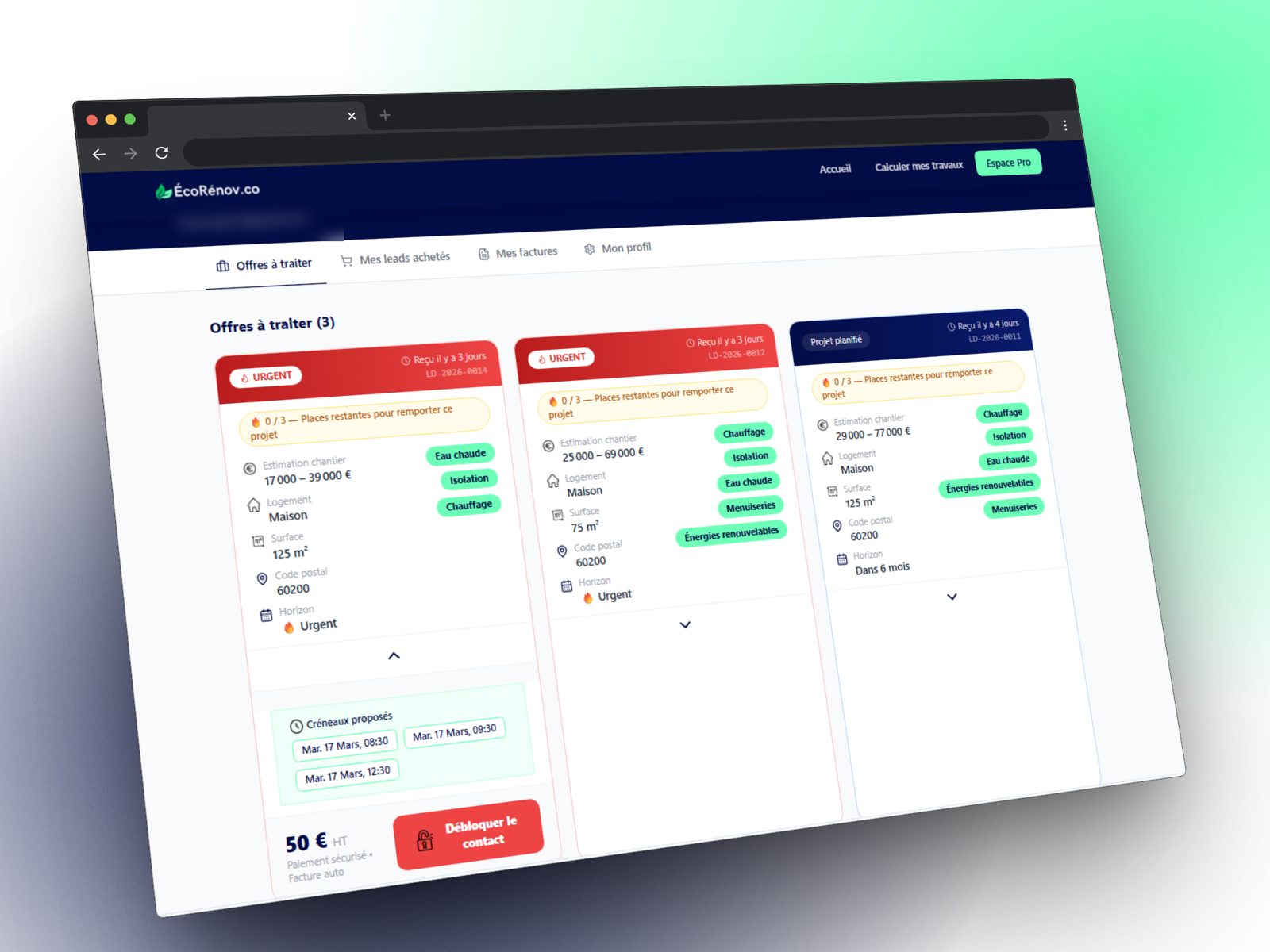 Espace pro avec les demandes à traiter